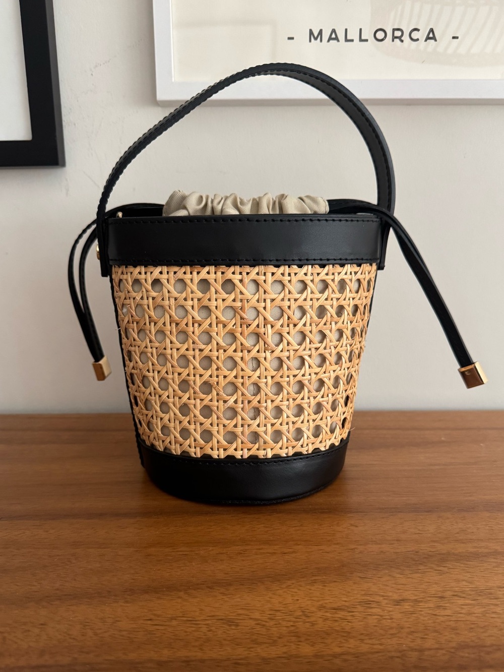 Rattan and Black Leather Mini Bucket Bag